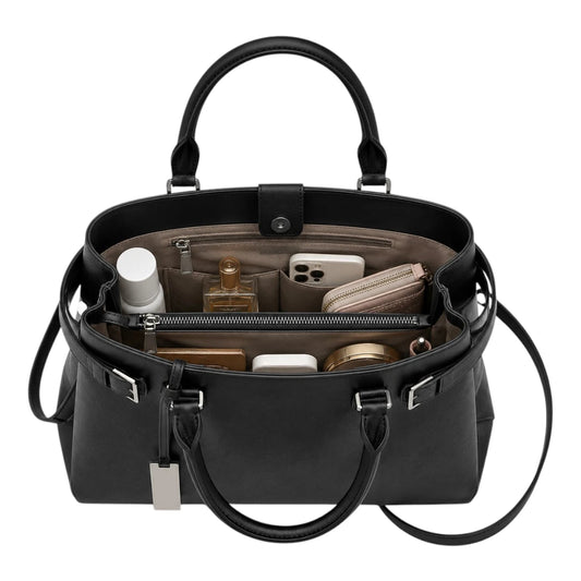 Replica Designer USA Bags Women's Black Structured Leather Tote Bag with Buckle Accents
