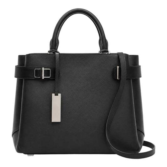 Replica Designer USA Bags Women's Black Structured Leather Tote Bag with Buckle Accents